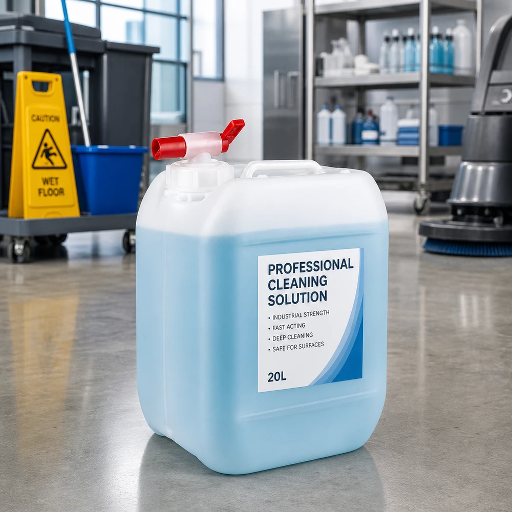 Semitransparenter Kunststoffkanister 5 Liter mit rotem Auslaufhahn für gewerbliche Reinigungslösungen