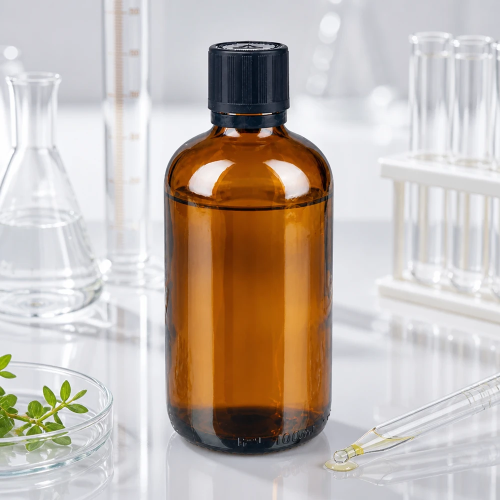 Bernsteinfarbene 100ml Apothekerflasche mit OV-Verschluss neben Glaspipette und frischen Kräutern
