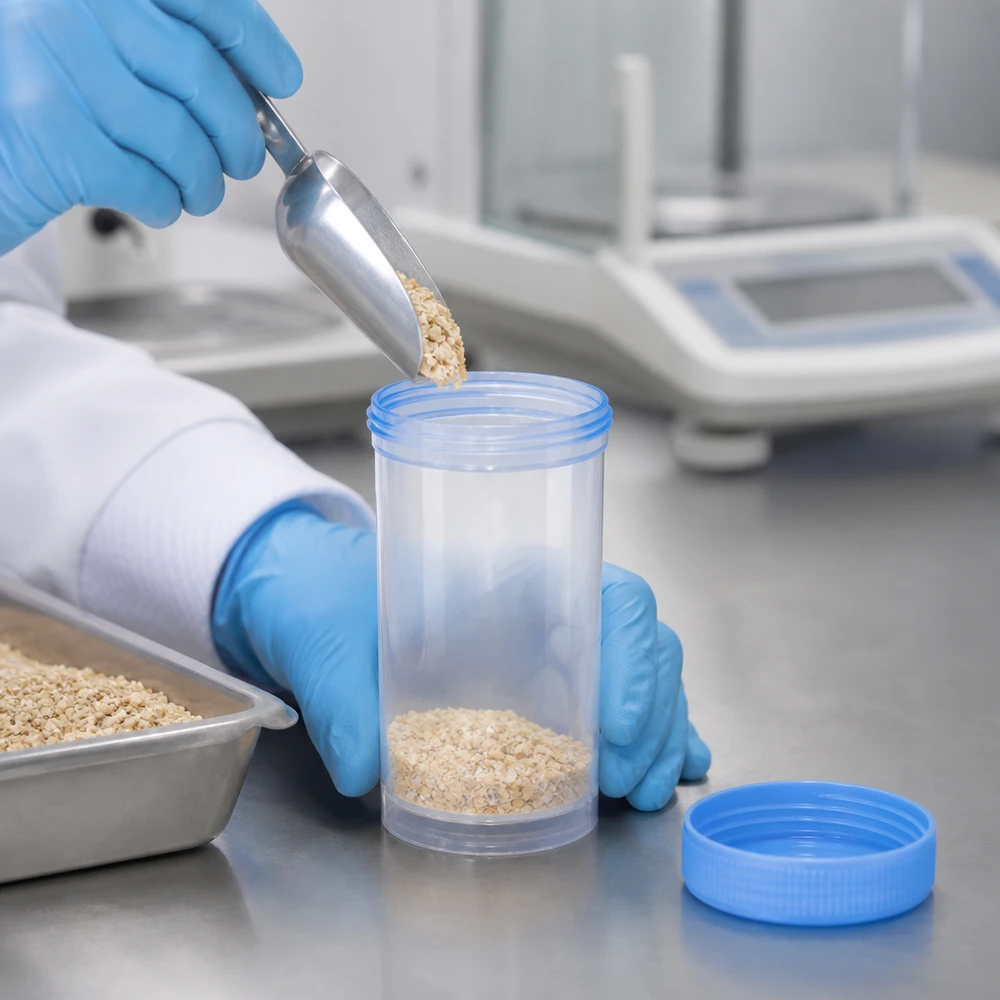 Schraubdeckeldose 100ml aus transparentem Kunststoff bei Qualitätskontrolle von Lebensmitteln