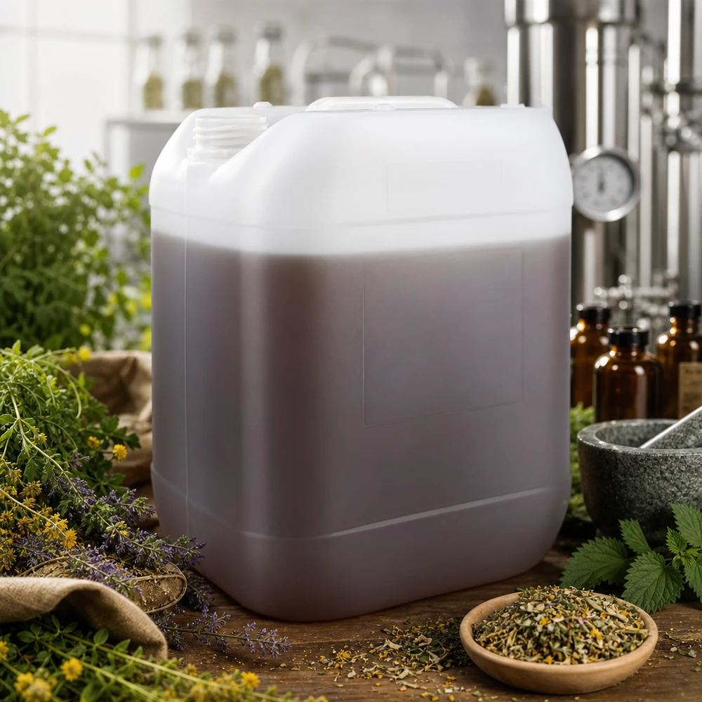 20 Liter Kanister ohne Verschluss mit bräunlichem Flüssigkeitsinhalt in professioneller Herstellungsumgebung