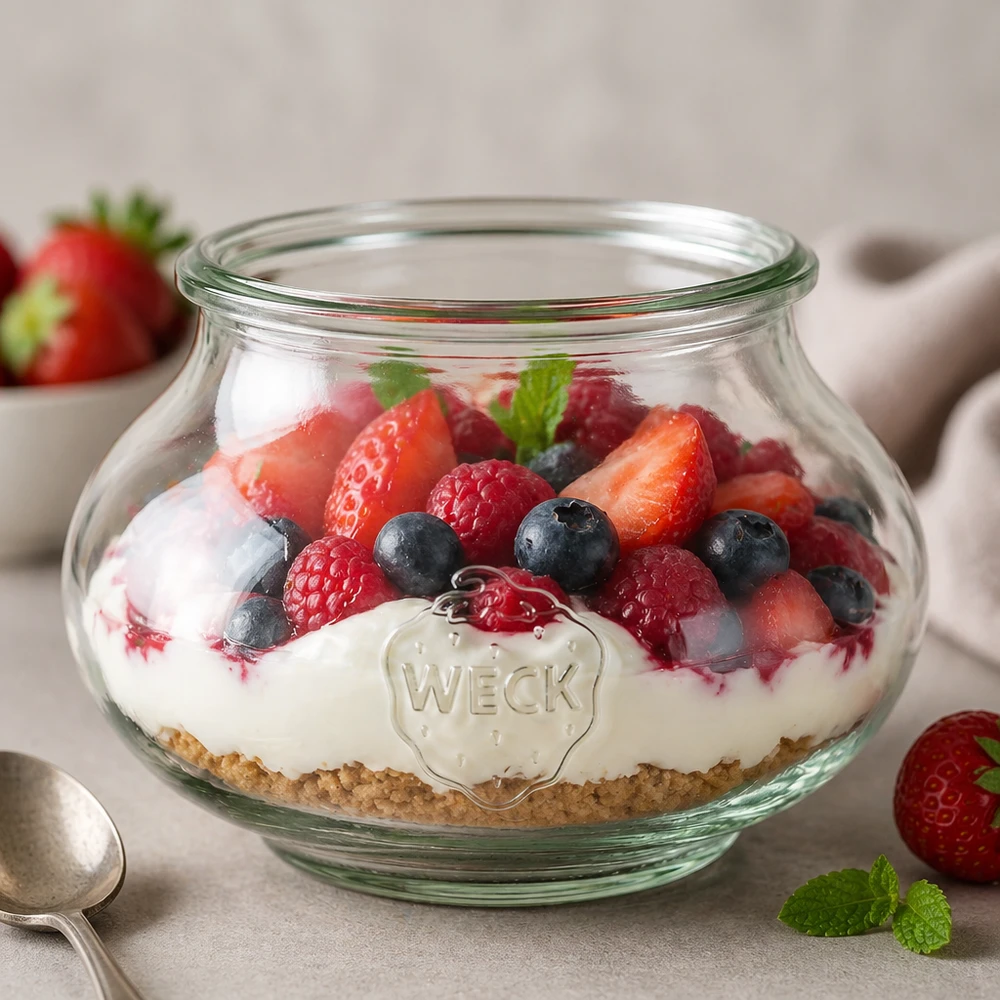 WECK Schmuckglas 560ml RR80 als stylische Dessertschale mit Beeren und Joghurt für kreative Küchennutzung