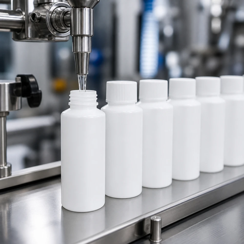 Befüllung von weißen Apothekenflaschen 30ml HDPE mit präziser Dosiermaschine in Reinraum
