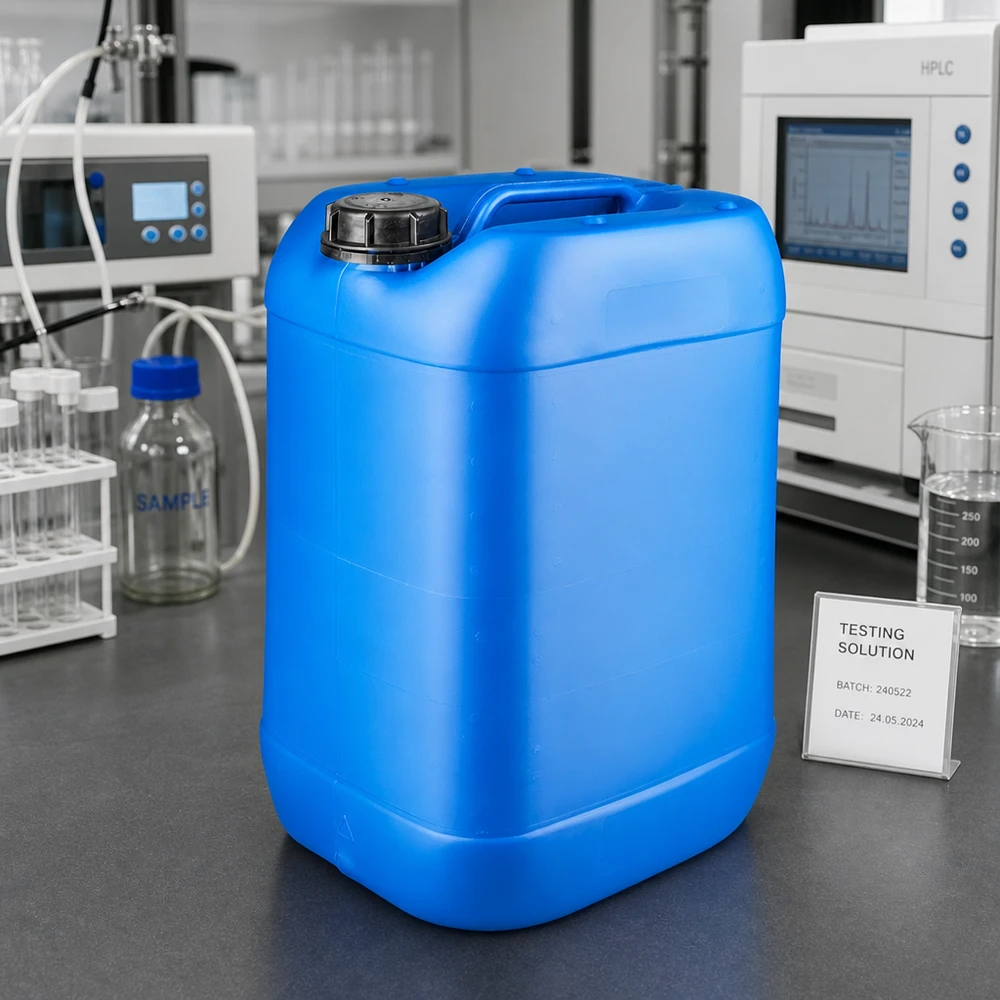 Lebensmittelechter 25L Kanister blau neben HPLC-Gerät und Becherglas im Analyselabor