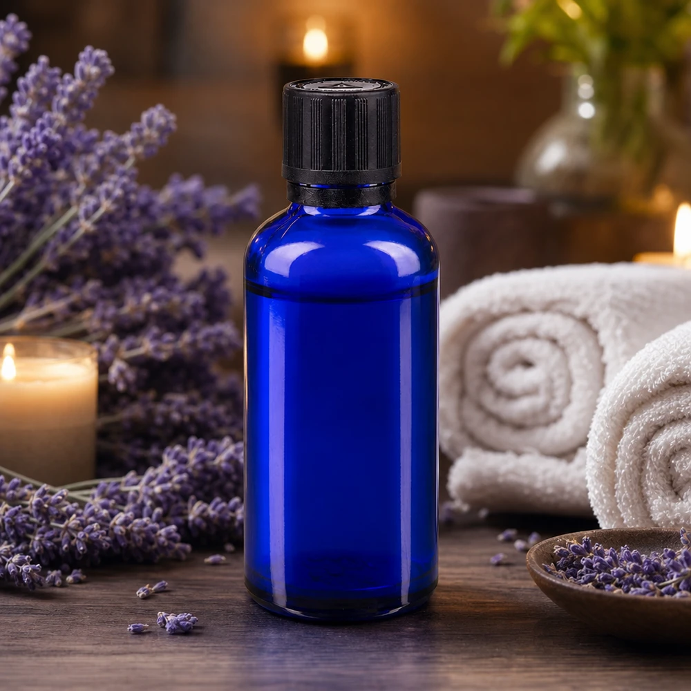 Kobaltblaue Apothekerflasche 50ml mit Kindersicherheitsverschluss in entspannter Spa-Atmosphäre