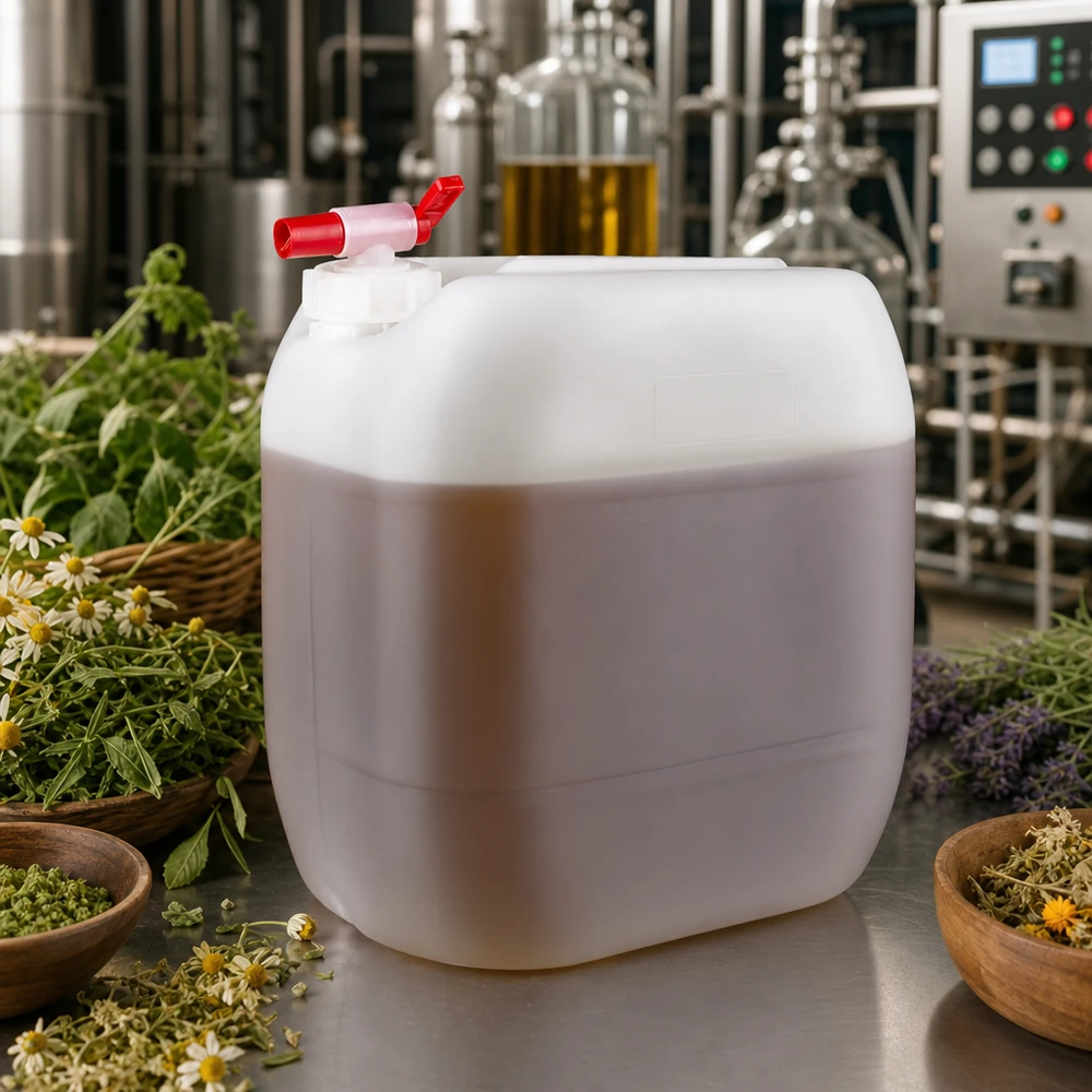 Kanister 30 Liter mit Auslaufhahn Weißer Großkanister 30L mit rotem Hahn in industrieller Kräuterextrakt Produktionsumgebung