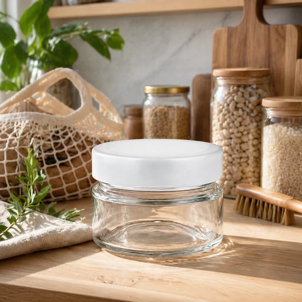 80ml Rundglas mit BasicSeal Deckel weiß deep UNiTWIST 80ml Rundglas mit weißem BasicSeal Deckel in natürlicher Küchenumgebung mit Holzelementen und Zero-Waste-Produkten