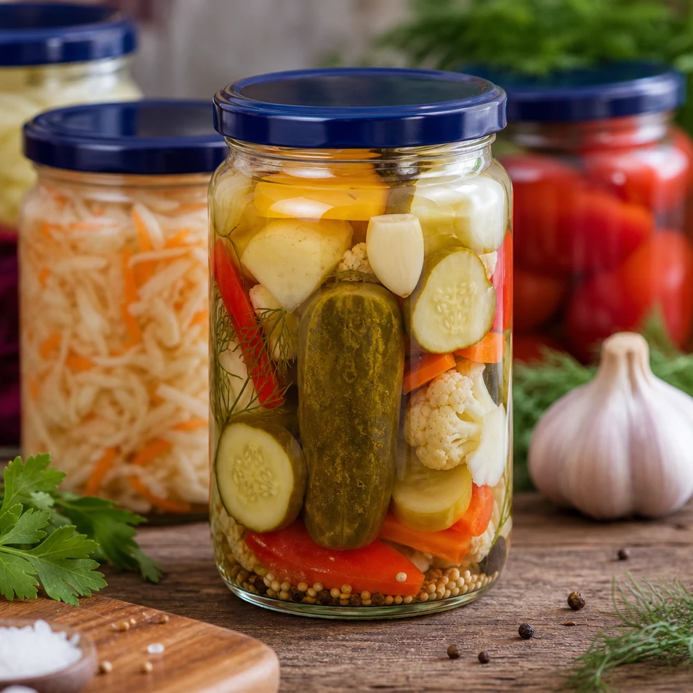 795ml Rundglas + BasicSeal Deckel blau UNiTWIST 795ml Rundglas mit blauem BasicSeal Deckel UNiTWIST für eingelegtes Gemüse und Pickles mit Dill und Gewürzen