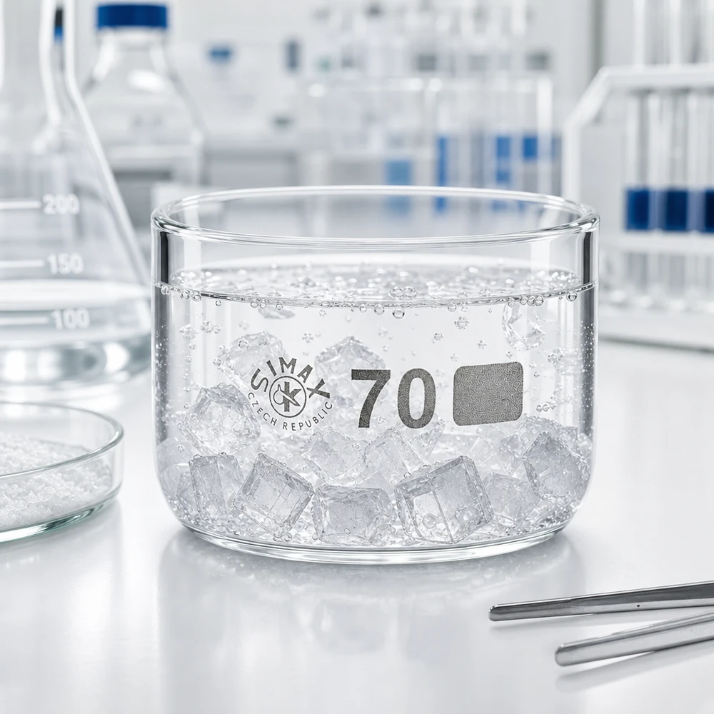 Transparente Laborkristallisierschale 70mm Durchmesser mit klarem Wasser und Eiswürfeln