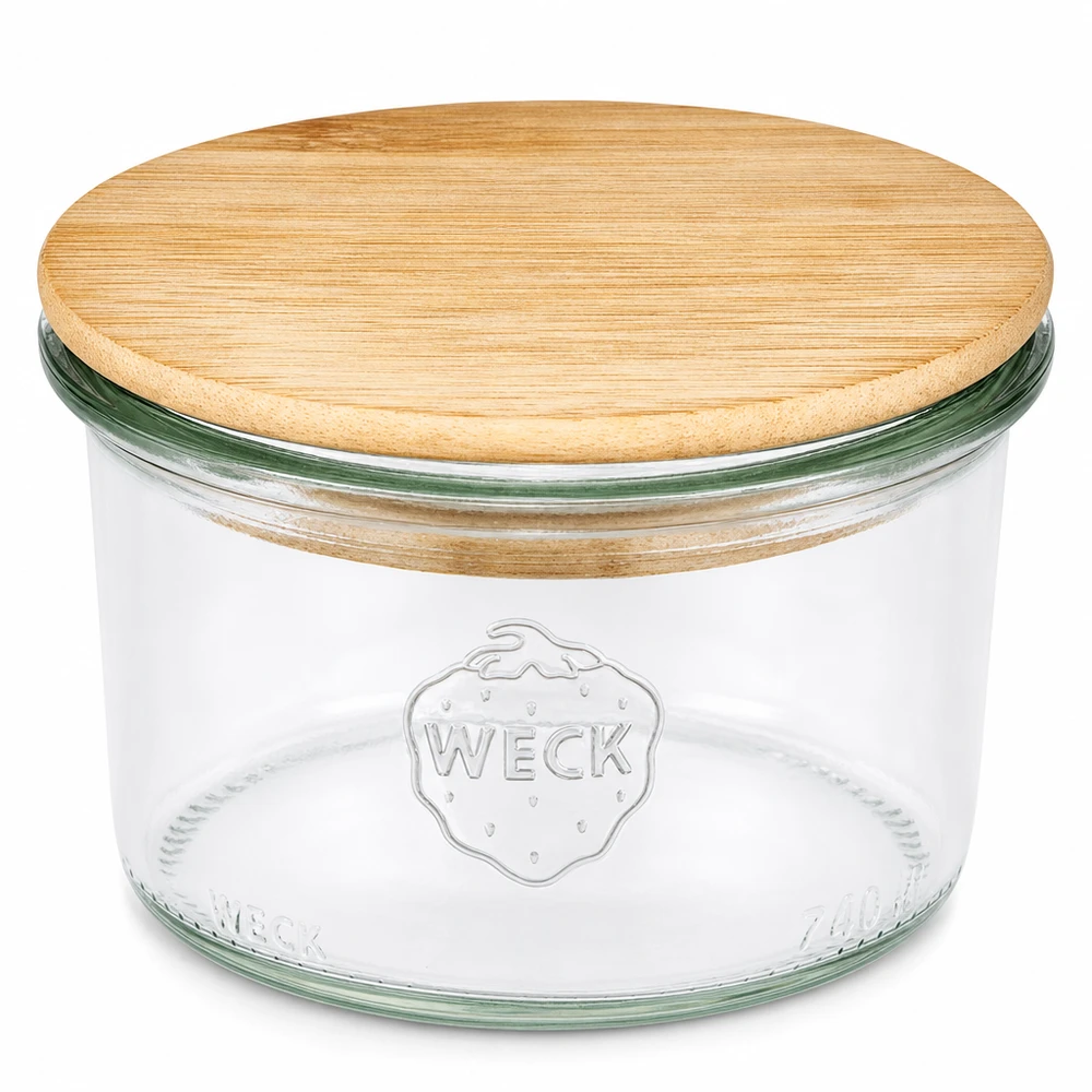WECK Sturzglas 200ml RR80 mit Bambus Holzdeckel Einmachglas transparent rund für Küche und Vorratshaltung