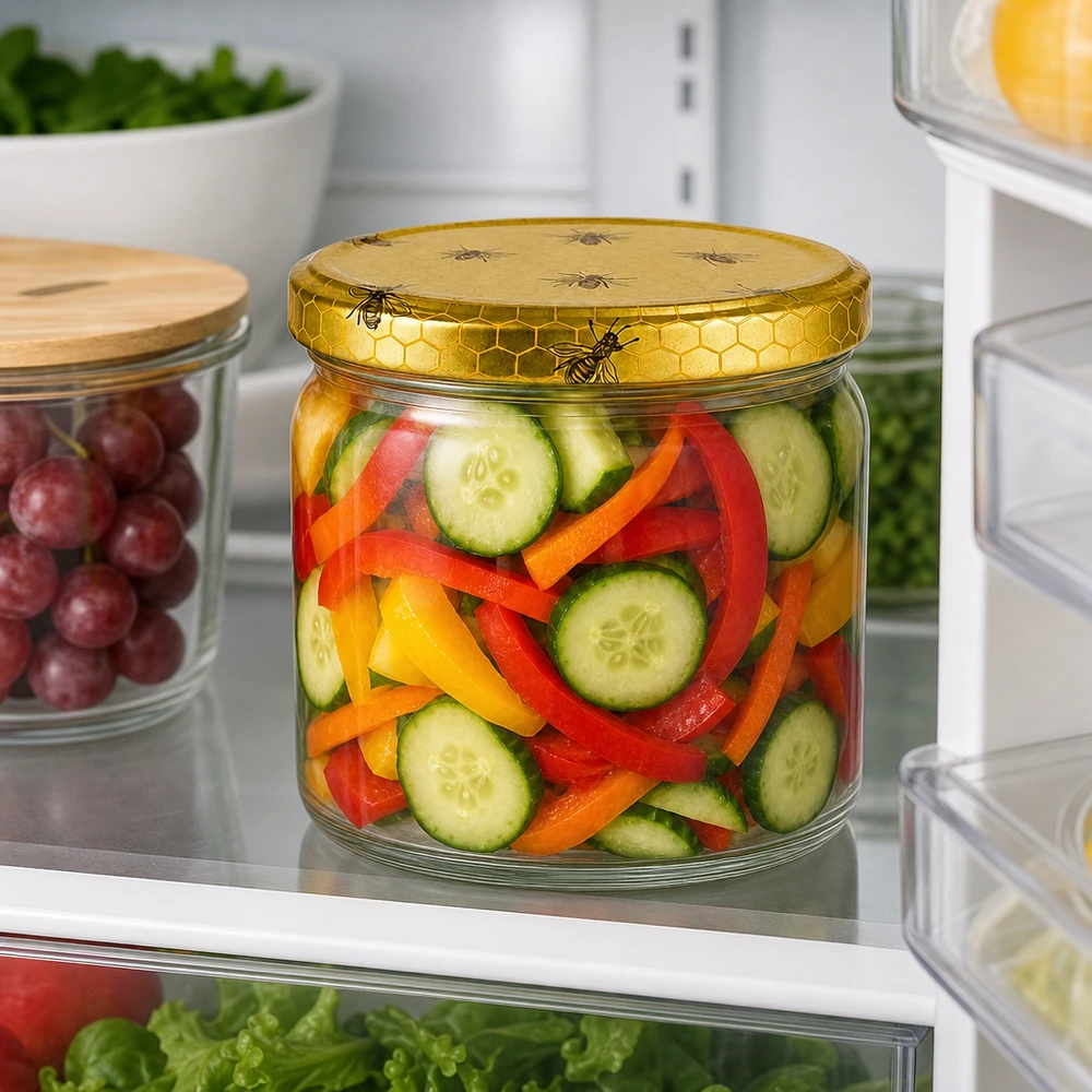 408ml Rundglas + BasicSeal Deckel Bienenwabe UNiTWIST 408ml Rundglas mit BasicSeal Bienenwabe Deckel gefüllt mit buntem Gemüsemix im Kühlschrank aufbewahrt