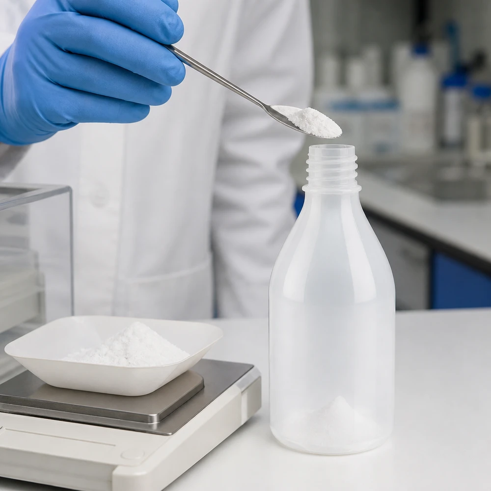 Kleinmengenabfüllung mit 100ml Kunststoff-Enghalsflaschen auf Laborwaage und Arbeitstisch