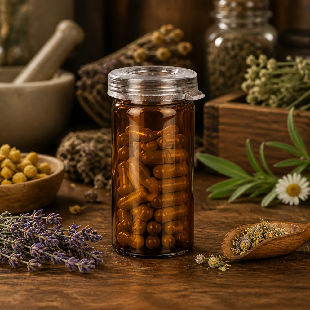 Transparentes Tablettenglas 5ml mit Schnappdeckel umgeben von Lavendel Kamille und Kräutern