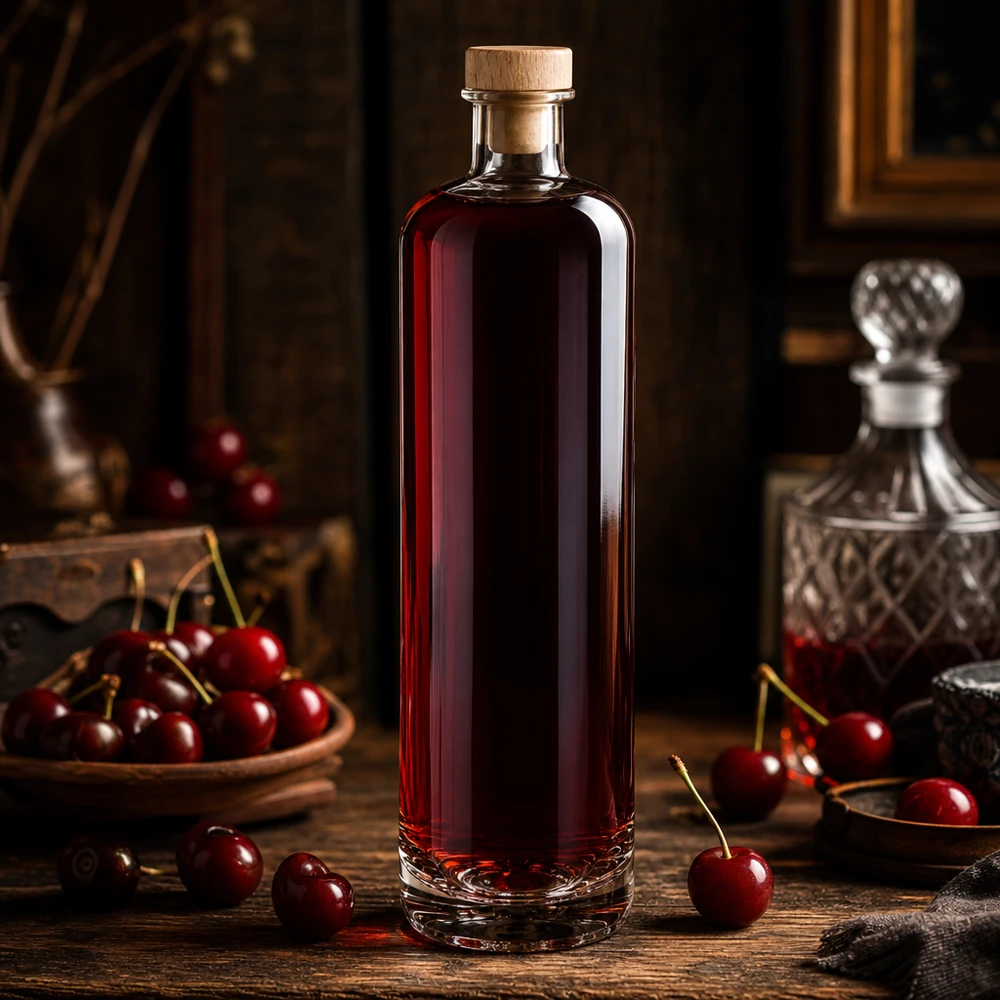 700ml Glasflasche Ella mit Kirschlikör gefüllt und Holzkorken in eleganter Destillerie-Atmosphäre mit frischen Kirschen