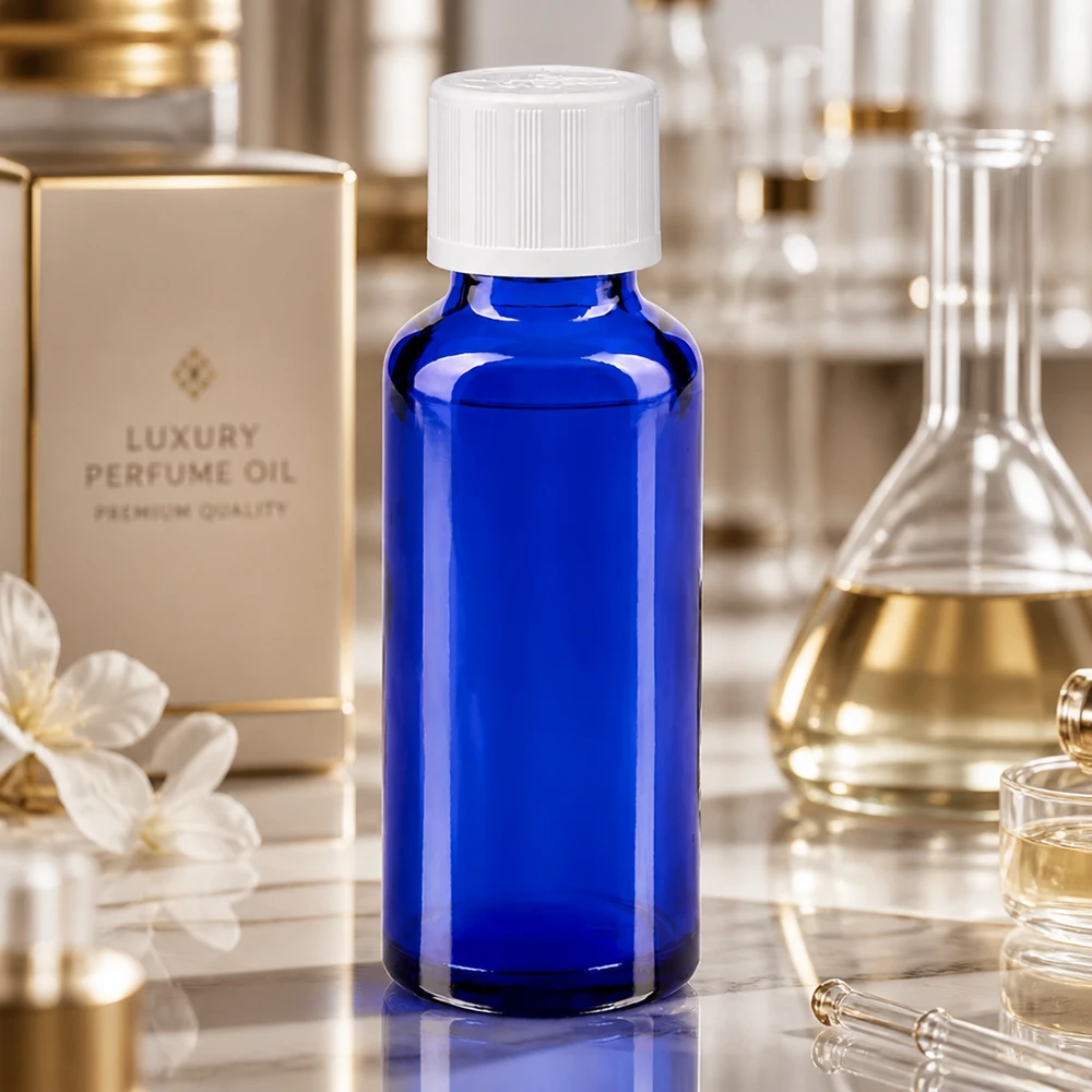 Blaue Parfümöl-Flasche 30ml mit manipulationssicherem weißem Schraubdeckel auf Marmor