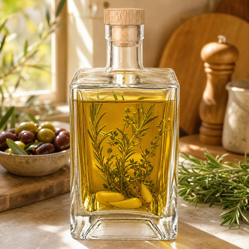 700ml Glasflasche "Gali" mit Holzgriffkorken UNiTWIST® 700ml Glasflasche Ben mit Olivenöl Kräutern gefüllt mediterrane Küche Rosmarinzweig Oliven Holzkorken UNiTWIST