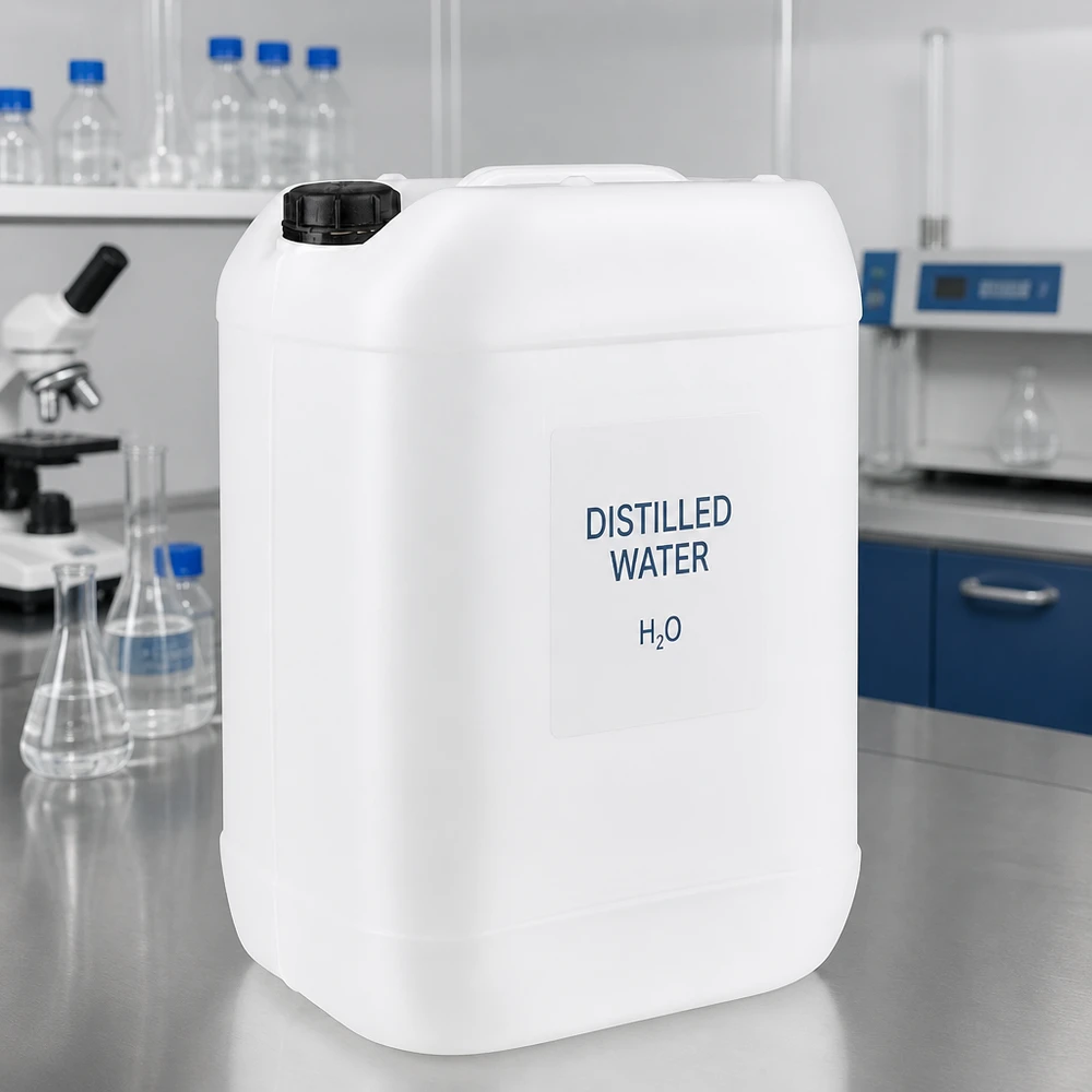 Kanister 25 Liter mit Schraubverschluss Originalitätsverschluss Rechteckiger 25L Kunststoffkanister mit schwarzem Drehverschluss im Laborumfeld