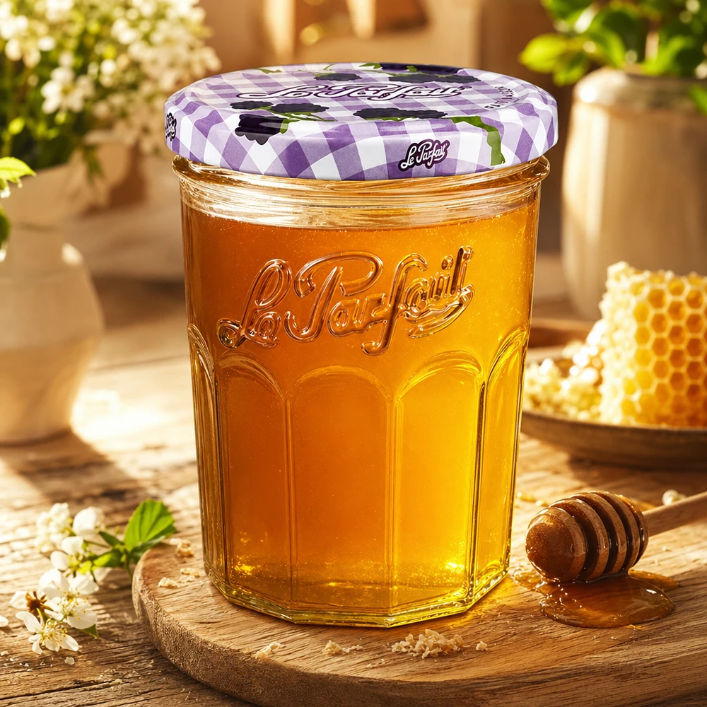 Le Parfait Sturzglas 385ml mit Honig gefüllt neben Waben und Honiglöffel auf Holzbrett in warmer Atmosphäre