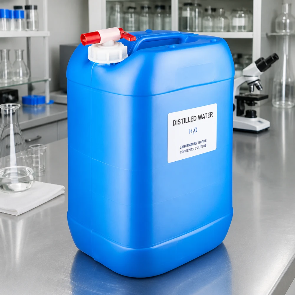 Kanister 25 Liter blau mit Auslaufhahn Großer blauer Flüssigkeitsbehälter 25L mit Zapfhahn auf Edelstahloberfläche im Labor