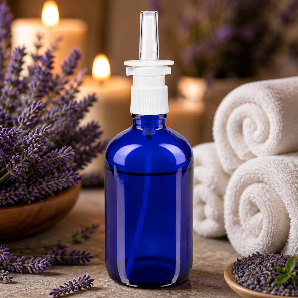 Apothekenflasche blau 100ml Nasenzerstäuber weiß Standard 100ml Nasensprayflacon Blauglas mit Dosierpumpe in entspannter Spa-Atmosphäre mit Lavendel