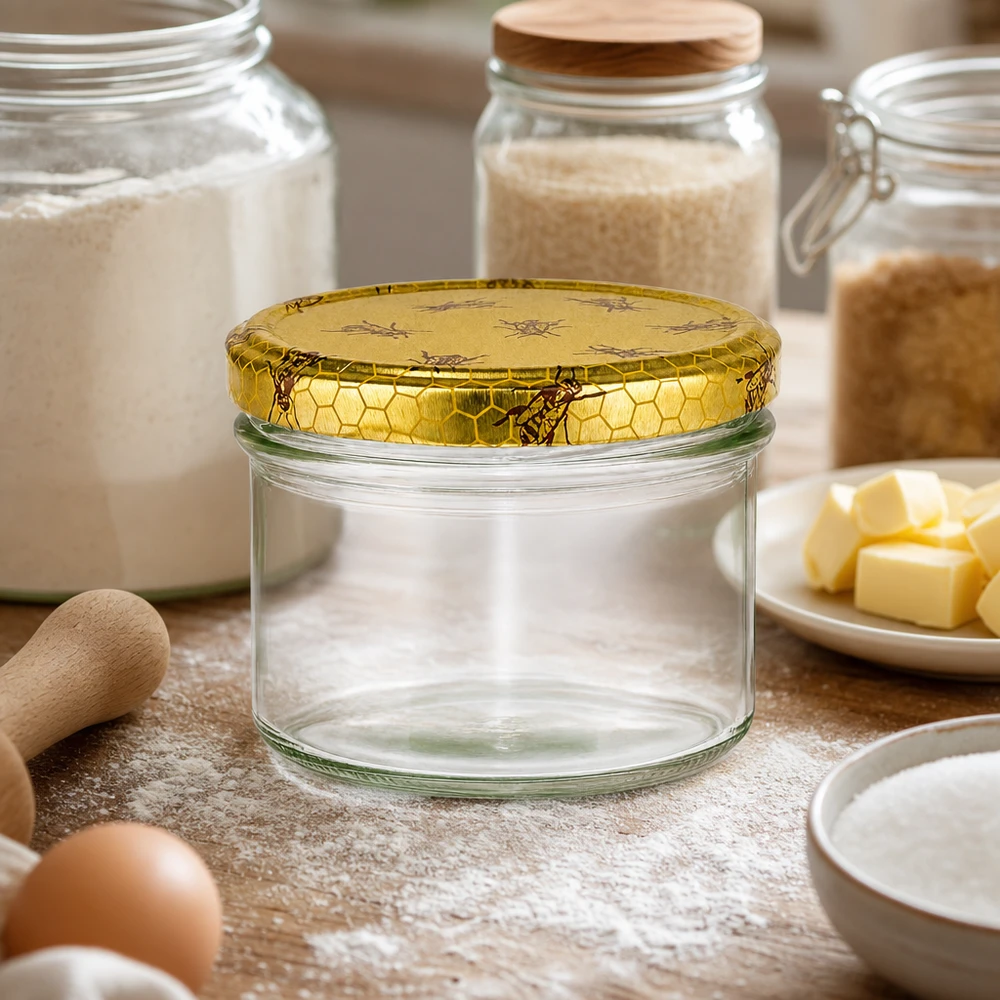 225ml Sturzglas + BasicSeal Deckel Bienenwabe UNiTWIST 225ml Sturzglas leer mit goldenem BasicSeal Bienenwaben-Deckel in Backstube Küchenszene mit Mehl Butter Eiern