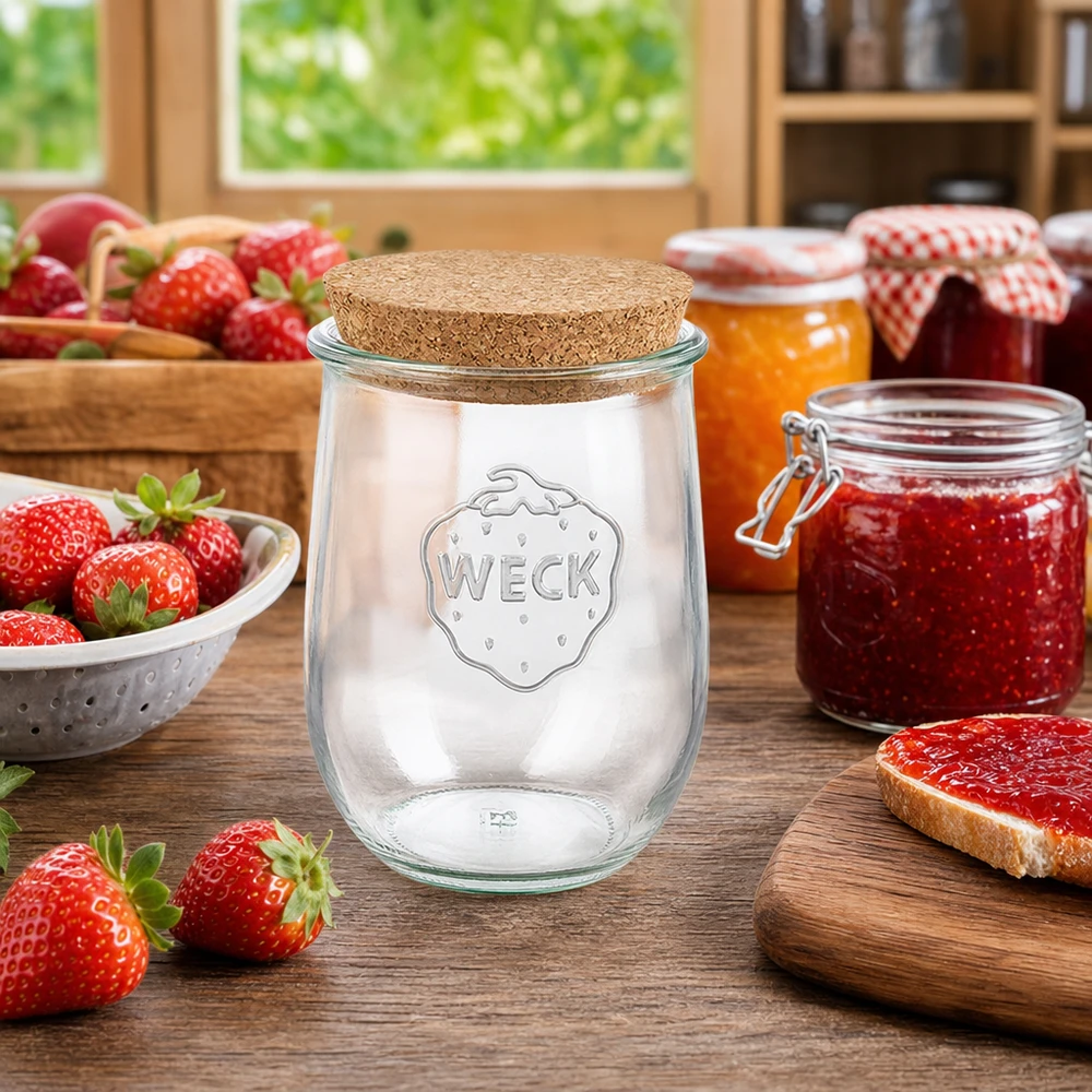 1062ml Tulpenglas WECK RR100 mit Korken natur WECK RR100 Tulpenglas 1062ml Korkverschluss Küchenszenerie mit Erdbeeren und selbstgemachter Marmelade