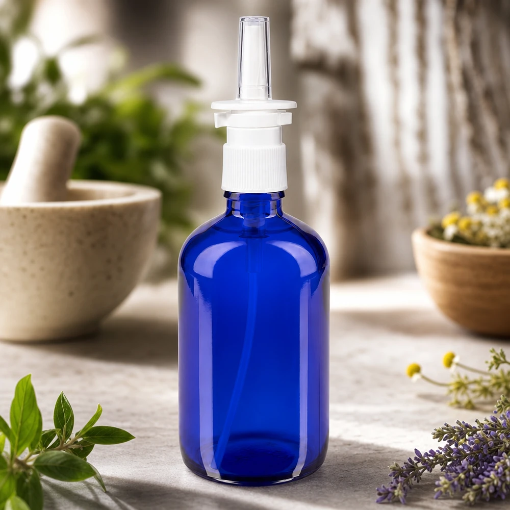 Apothekenflasche blau 100ml Nasenzerstäuber weiß Standard Standardflasche 100ml Apothekerglas Blau mit weißem Pumpenaufsatz und transparenter Applikationsdüse