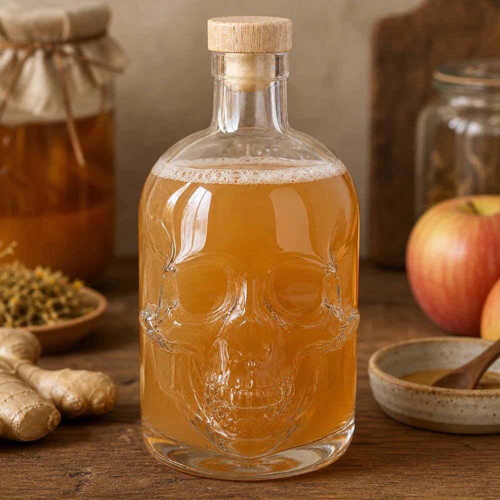 Jack Glasflasche 500ml mit Totenkopf-Prägung gefüllt mit goldener Flüssigkeit zwischen Ingwer, Apfel und Gewürzen