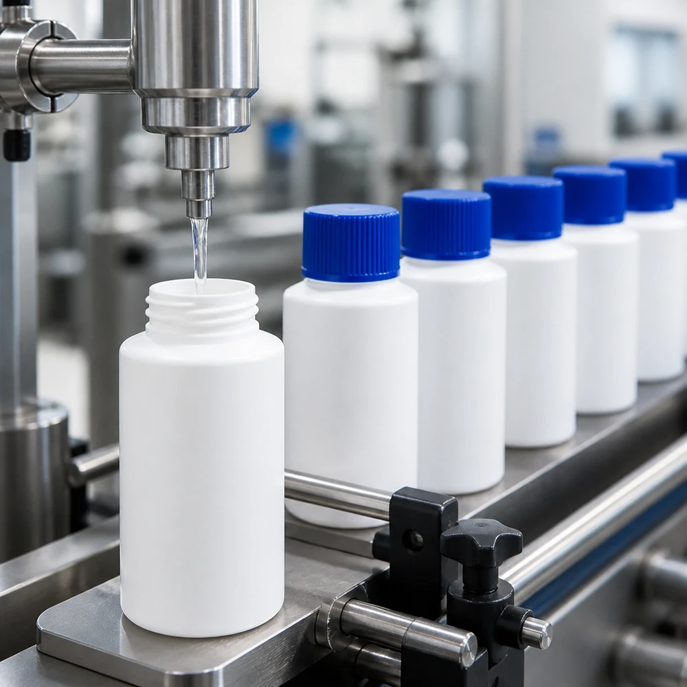 Apothekenflasche HDPE 30ml weiß, mit blauem Schraubverschluss Serienproduktion weißer HDPE Apothekenflaschen 30ml mit blauem Sicherheitsverschluss auf Förderband
