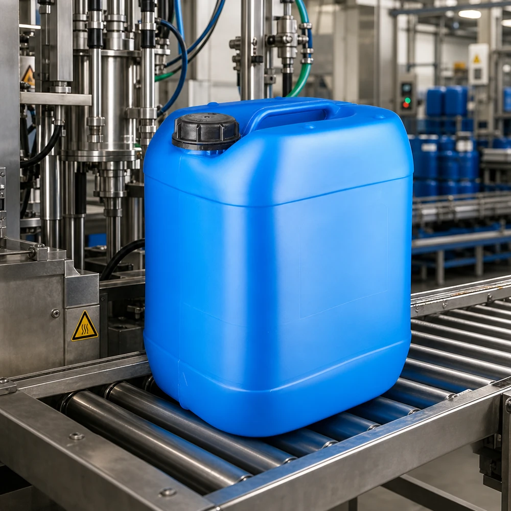 Rechteckiger Kunststoffkanister 20 Liter blau für sichere Lagerung von Flüssigkeiten