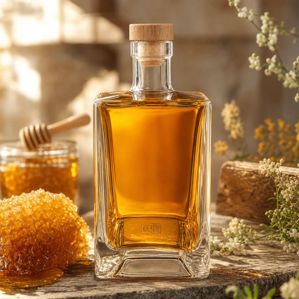700ml Glasflasche "Gali" mit Holzgriffkorken UNiTWIST® 700ml Glasflasche Ben mit Honig gefüllt neben Bienenwaben und Honigtopf rustikale Dekoration Holzkorken UNiTWIST