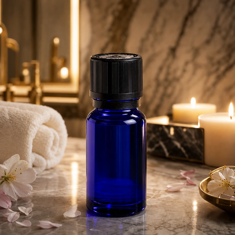 Apothekenflasche blau 10ml Tropfer Giessring 1mm schwarz Kindersicherung Blindenwarnsymbol Originalitätsverschluss Kobaltblaues Apothekerglas 10ml mit 1mm Tropfeinsatz zwischen Kirschblüten und weichen Handtüchern