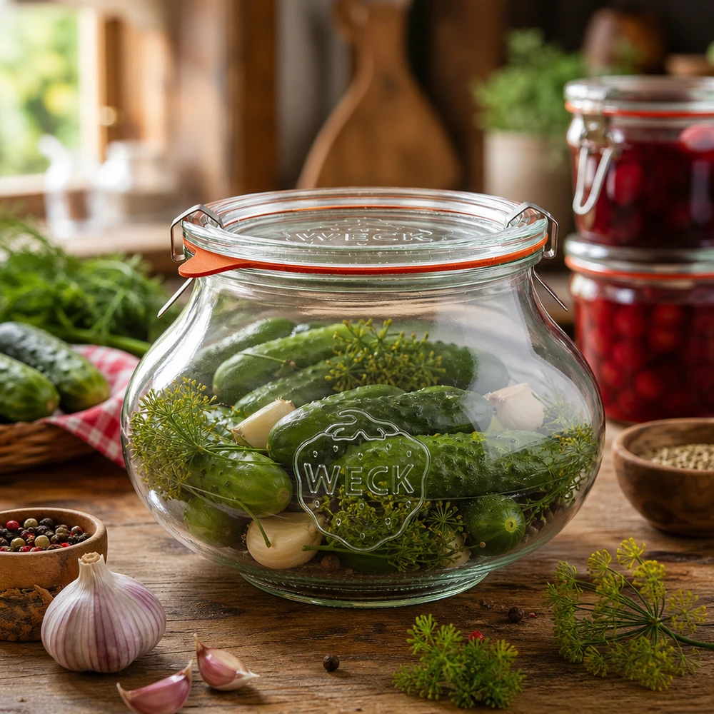 WECK Einmachglas 1062ml mit eingelegten Gurken und Dill in rustikaler Küche Konservierungsglas bauchig