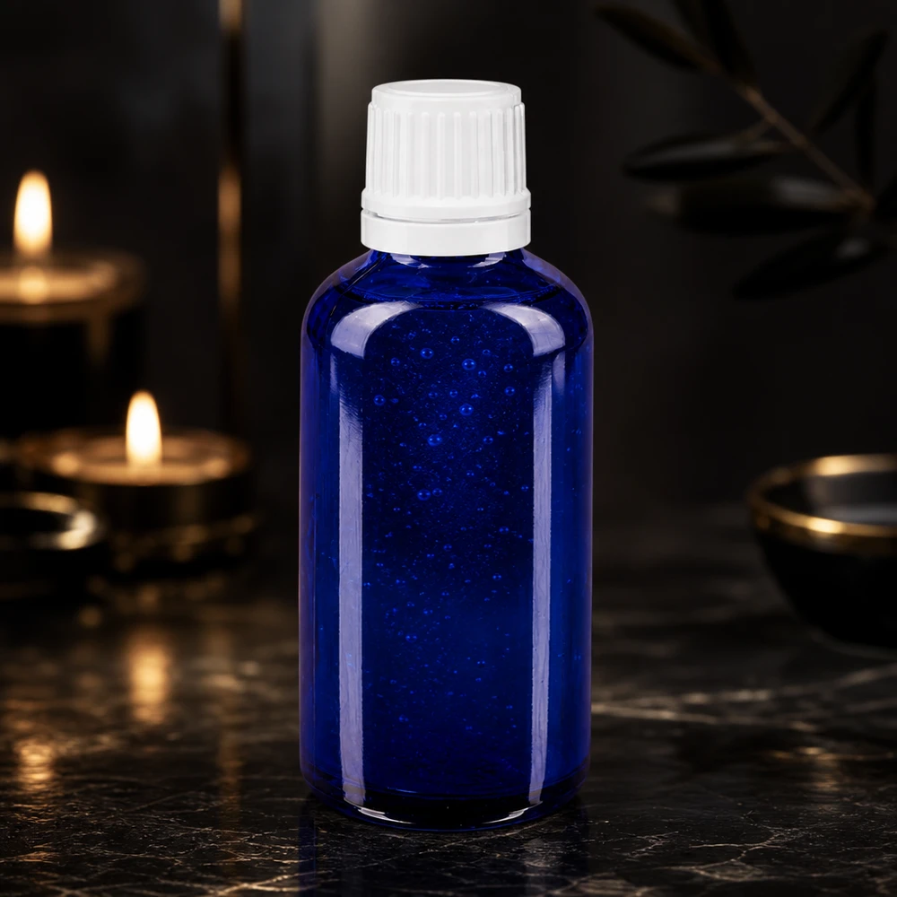 Apothekenflasche blau 50ml Tropfverschluss 1.2mm weiß Originalitätsverschluss UV-Schutz Tropfflasche 50ml Blauglas mit 0,7mm Öffnung und OV Verschluss weiß