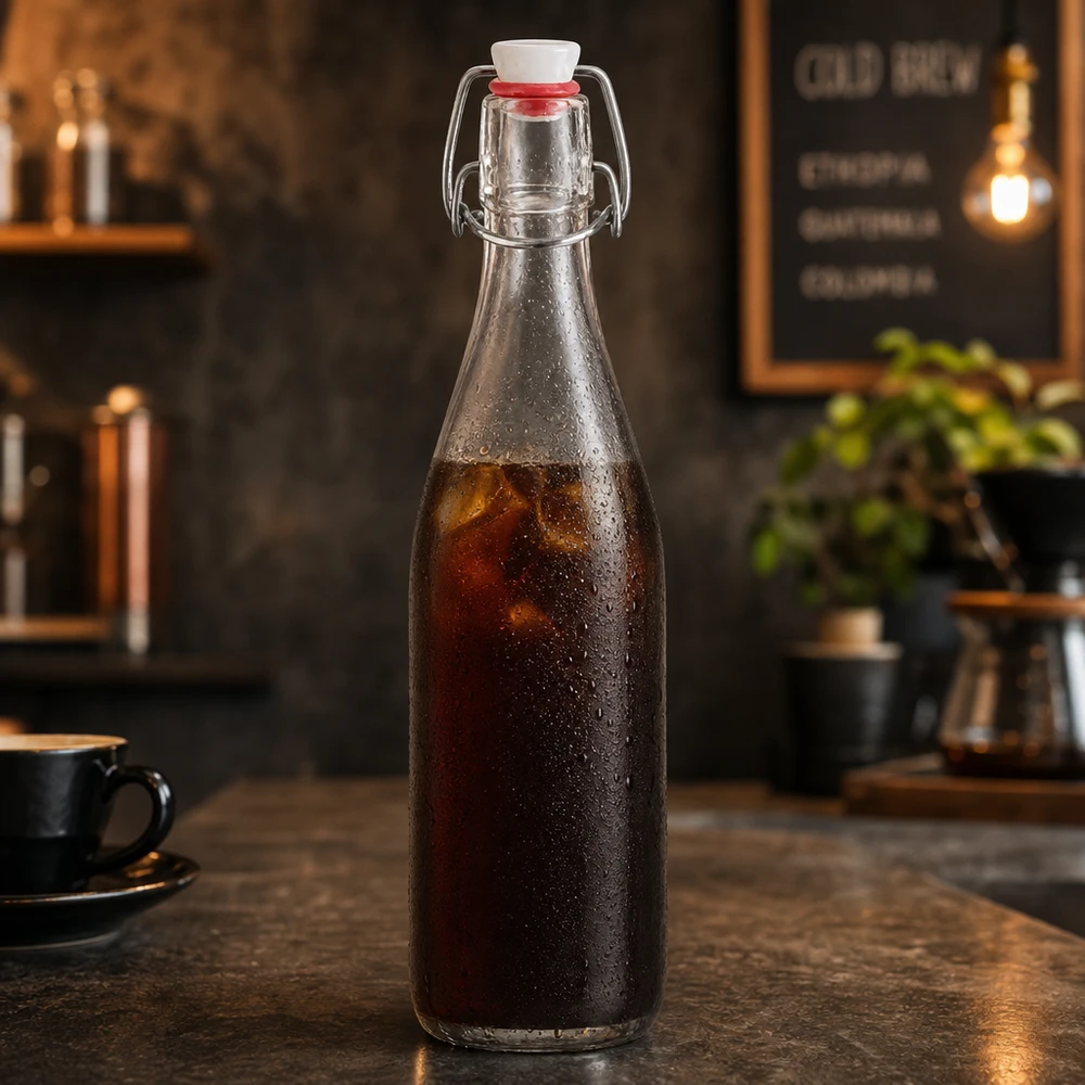 500ml Glasflasche mit Bügelverschluss befüllt mit Cold Brew Kaffee in rustikaler Café Atmosphäre