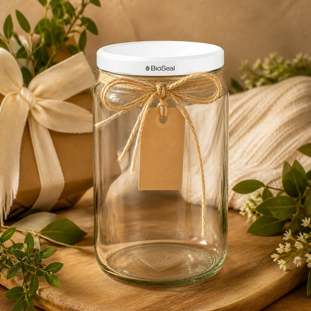 795ml Rundglas mit BioSeal Deckel weiß UNiTWIST UNiTWIST Runda795 Geschenkverpackung mit Bastschleife und Kraftpapier-Etikett - dekorative Glasverpackung