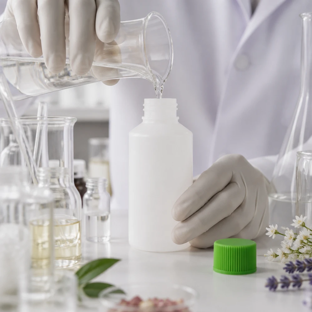 Laborant mit Schutzhandschuhen befüllt weiße 50ml HDPE Flasche für Naturkosmetikherstellung