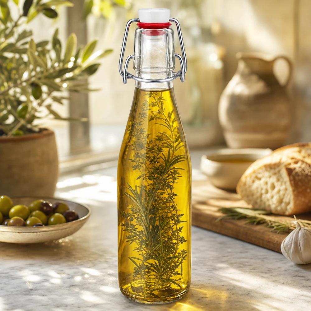 250ml Glasflasche mit Bügelverschluss gefüllt mit Kräuteröl, dekorative Küchenszenerie mit Oliven und Brot