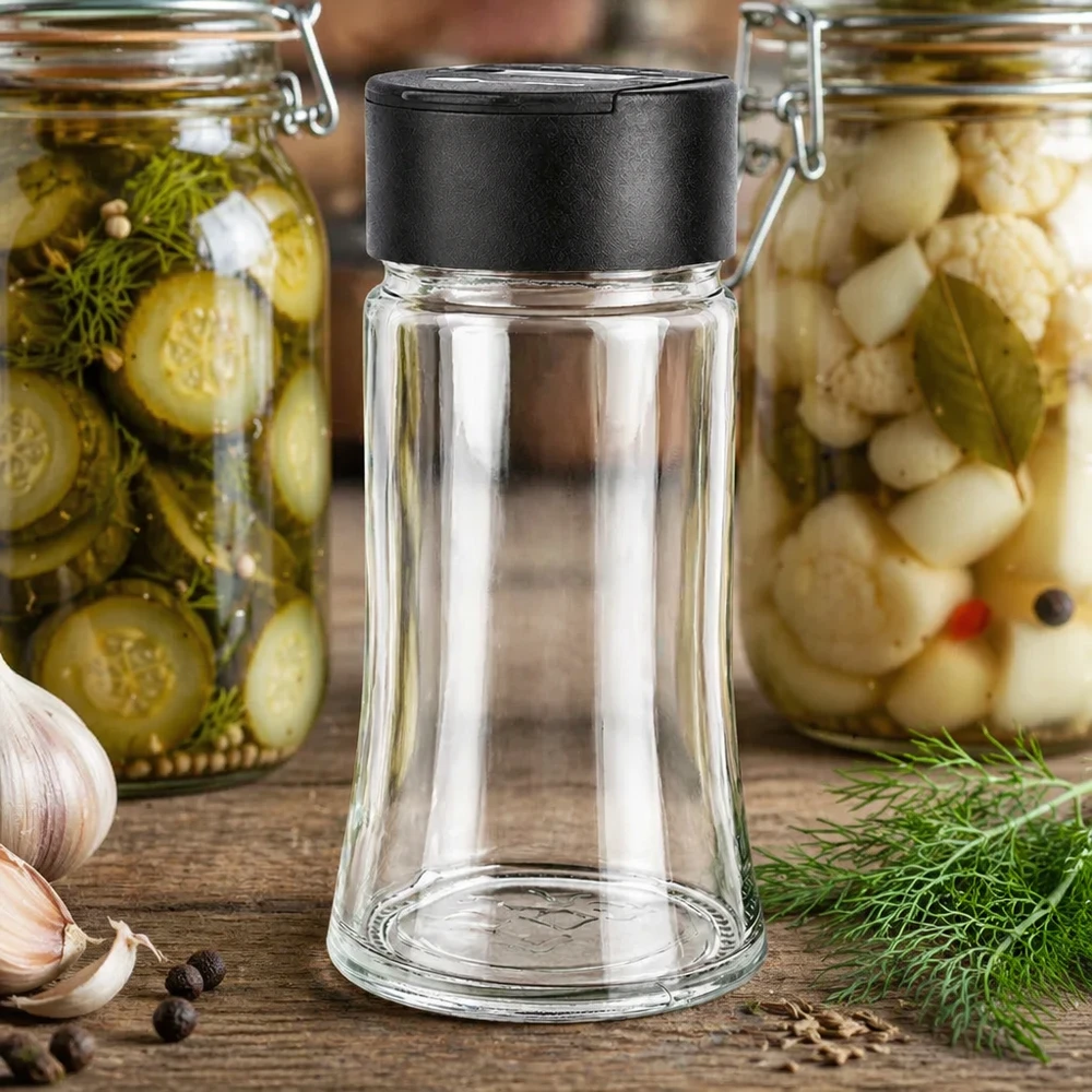 Salz-/Gewürzglas 95ml mit Doppelstreuer schwarz Transparentes Salzglas 95ml mit Kunststoffstreuer auf Holztisch neben Knoblauch und Dill