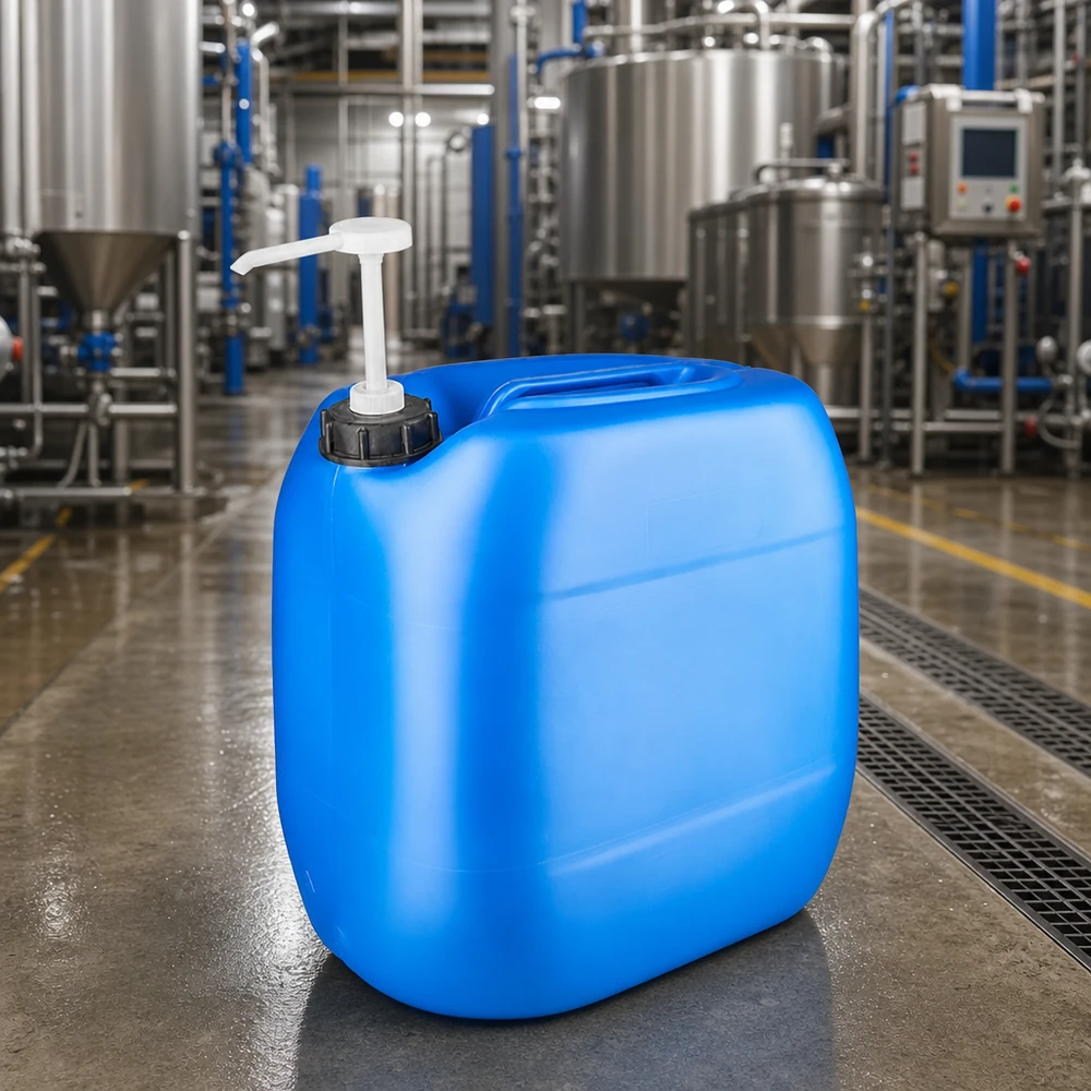 Lebensmittelechter Kunststoffkanister 30 Liter mit weißem Pumpaufsatz auf Industrieboden