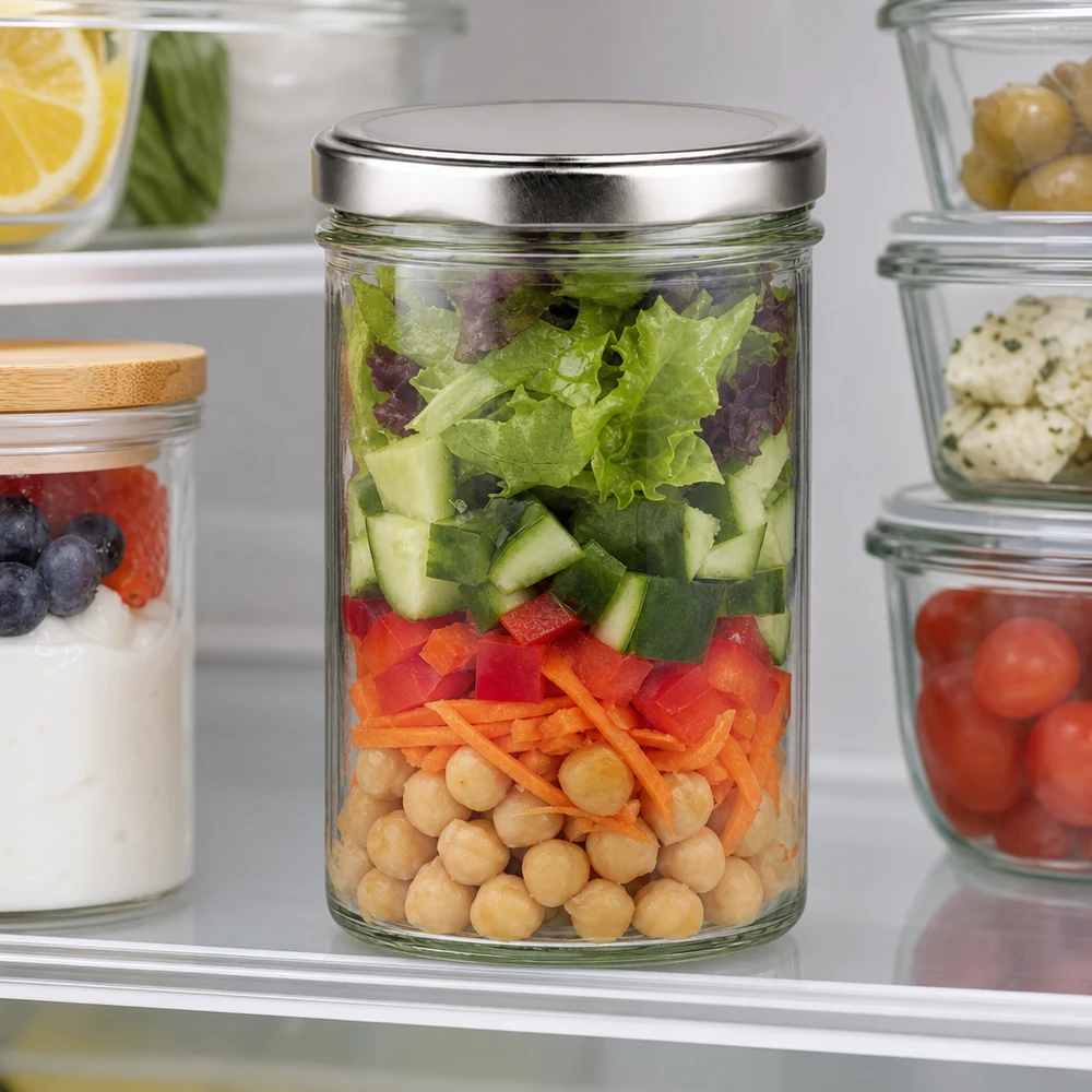 435ml Sturzglas mit BasicSeal Deckel silber UNiTWIST 435ml Sturzglas mit BasicSeal Deckel silber gefüllt mit Schichtsalat im Kühlschrank - Meal Prep Vorratsglas