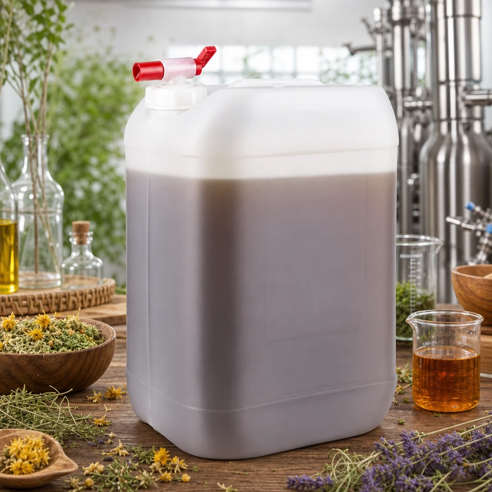 Großer Vorratsbehälter 25 Liter mit Ablasshahn umgeben von Kräutern Lavendel und Heilpflanzen