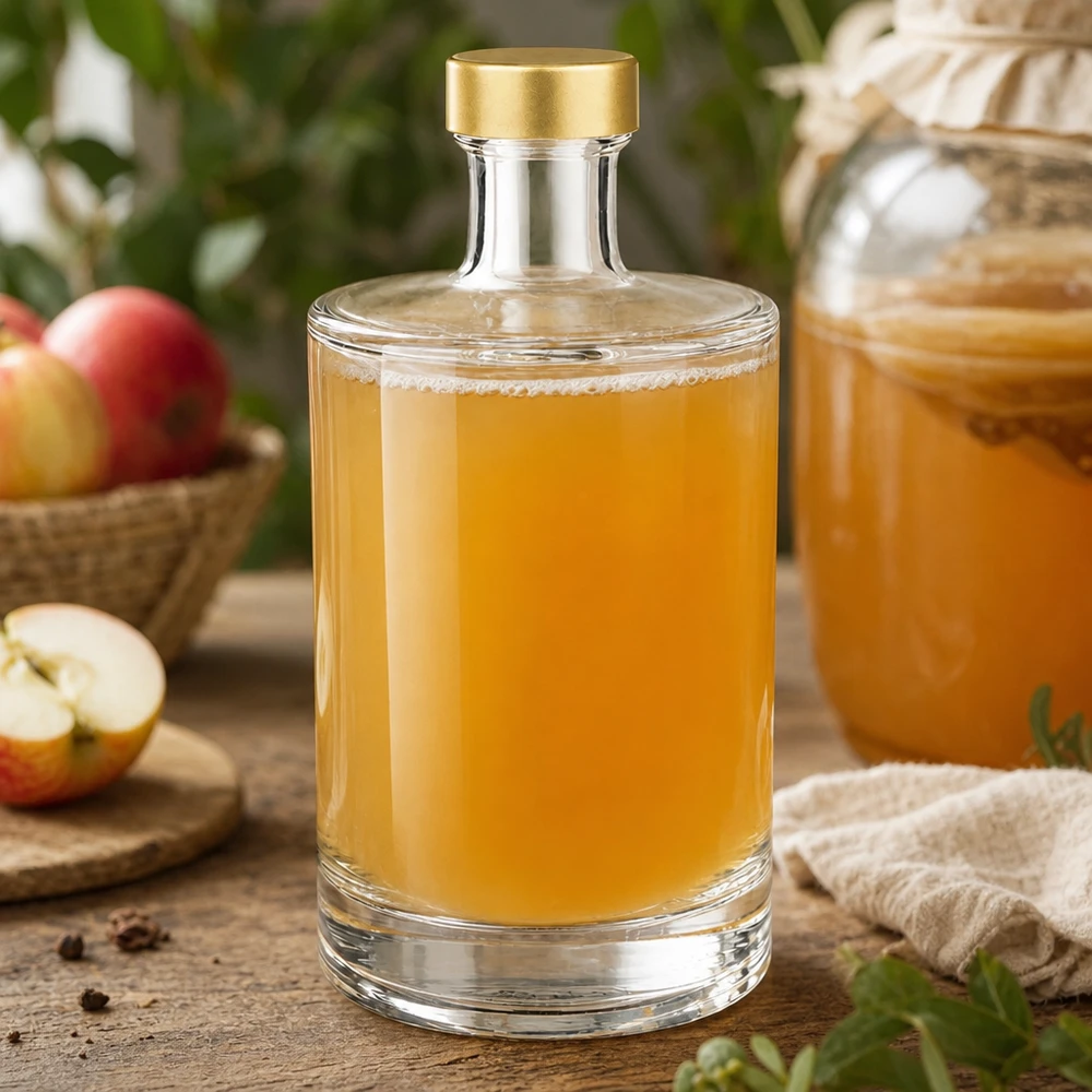 500ml Glasflasche "Sam" + Schraubverschluss gold UNiTWIST 500ml Glasflasche Sam UNiTWIST Goldverschluss mit Apfelsaft befüllt rustikale Küche frische Äpfel Holztisch Ambiente