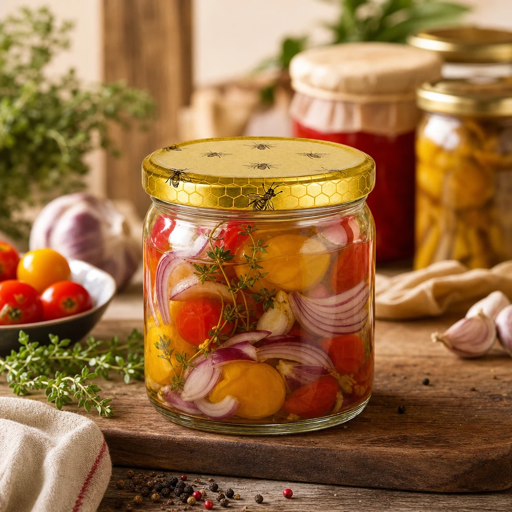 408ml Rundglas + BasicSeal Deckel Bienenwabe UNiTWIST 408ml Rundglas mit BasicSeal Bienenwabe Deckel voller eingelegter Tomaten und Zwiebeln in rustikaler Küche