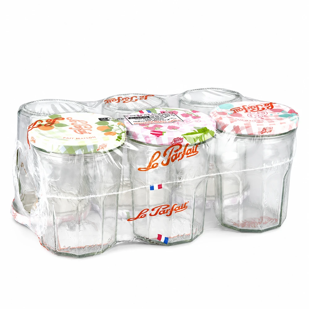Le Parfait Jam Sturzgläser 385ml im 6er Pack mit bunten Schraubdeckeln in Schrumpffolie verpackt