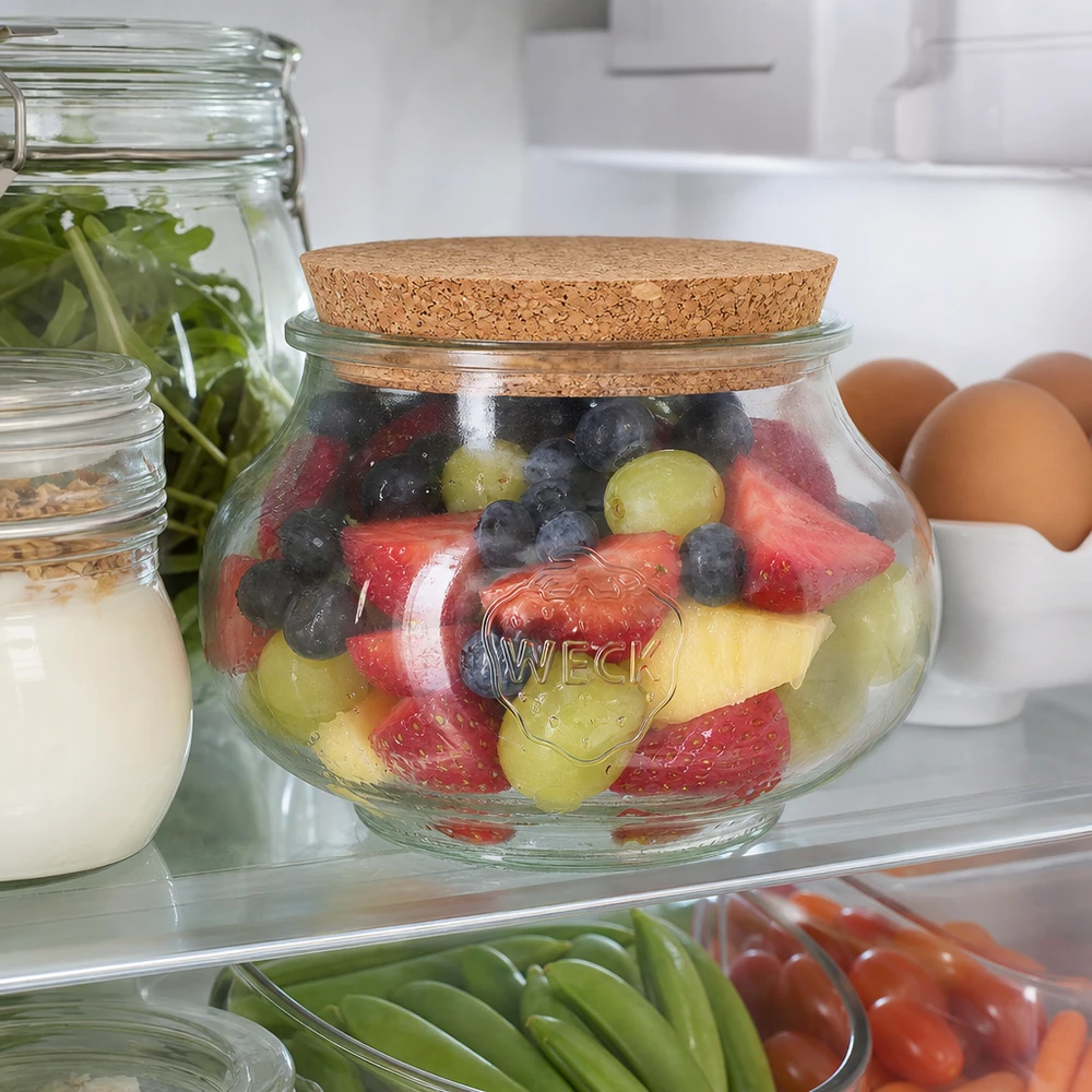 WECK RR100 Schmuckglas 1062ml Kühlschrank Obstsalat Beeren Trauben Erdbeeren Korkverschluss Frischhaltung