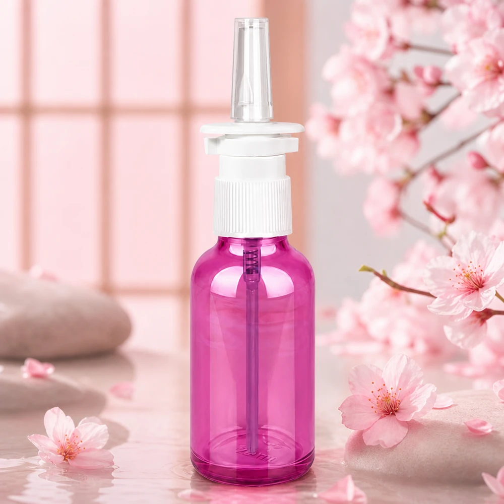 30ml Nasensprayflasche weiß/transparent Standard PurpleLine. UT18/30 Professionelle Nasenspray-Verpackung 30ml in Purple-Optik mit auslaufsicherem weißem Sprühmechanismus