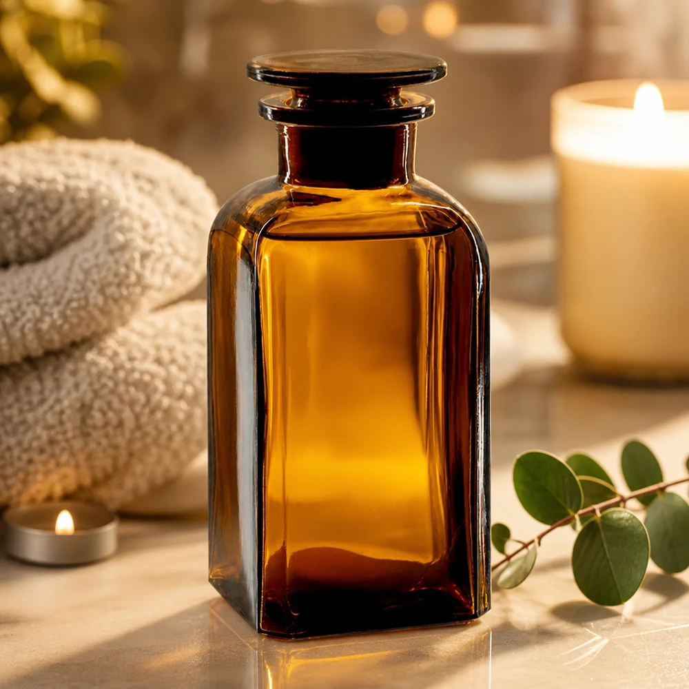 Vierkantflasche 350ml braun Weithals Glasstopfen Apothekerglas 350ml braun viereckig mit Weithals ideal zur Aufbewahrung von Naturkosmetik