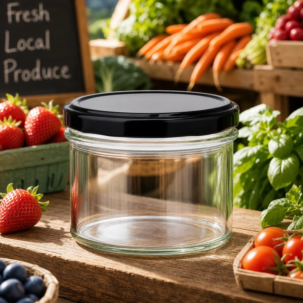 Leeres 225ml Sturzglas mit schwarzem Deckel in natürlicher Umgebung zwischen frischem Obst und Gemüse