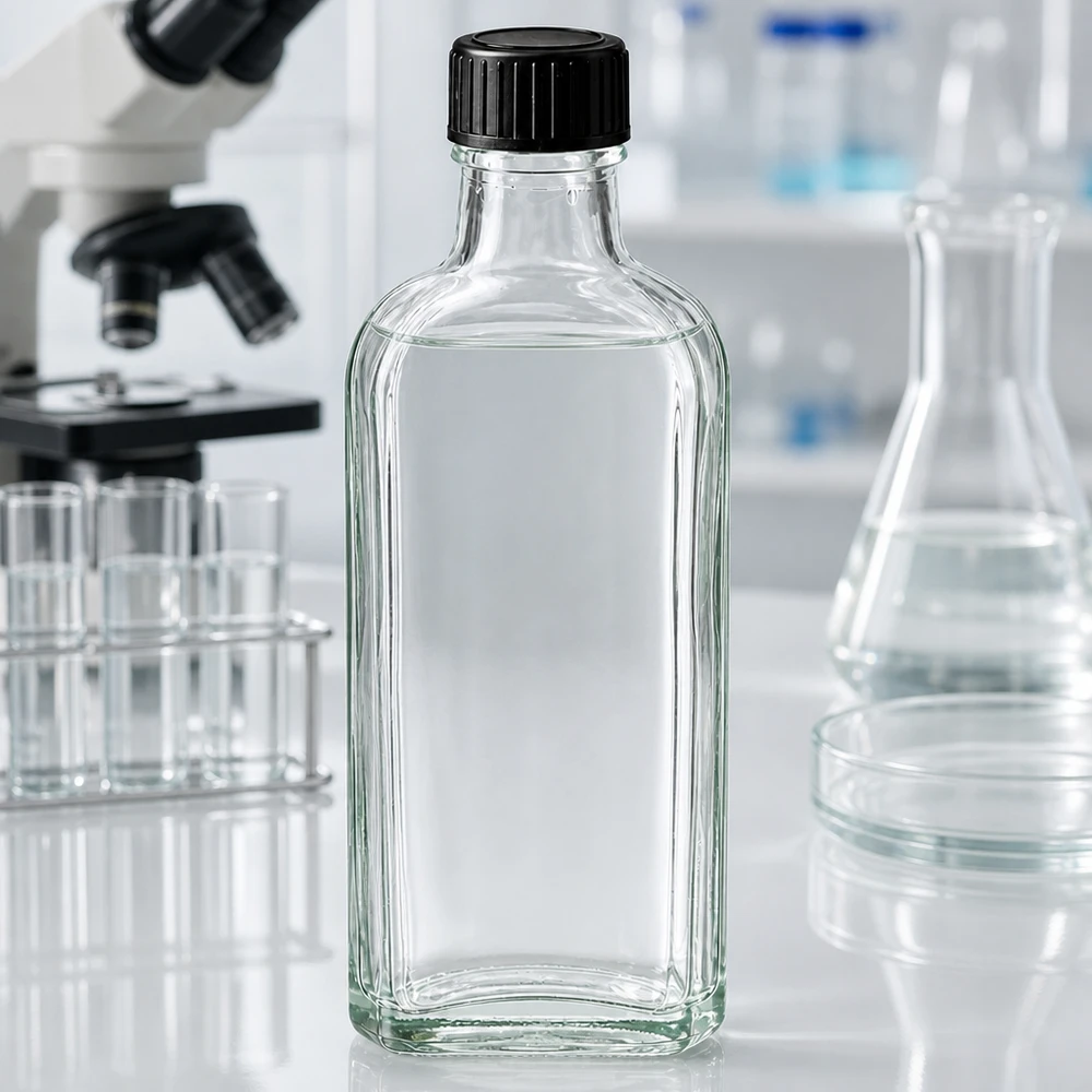 Klare 100ml Laborflasche rechteckig mit LKD-Dichtscheibe für sichere Lagerung