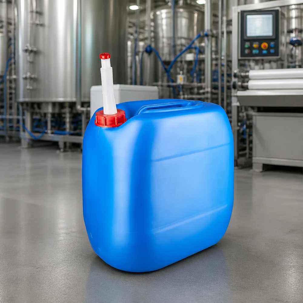 HDPE-Kanister 30L blau mit rotem Verschluss und flexiblem Auslaufrohr für Industriebetriebe